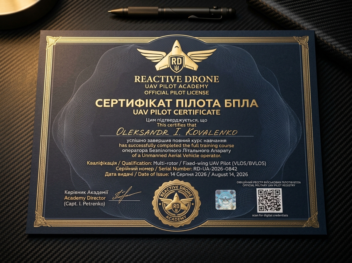 Зразок сертифіката пілота Reactive Drone